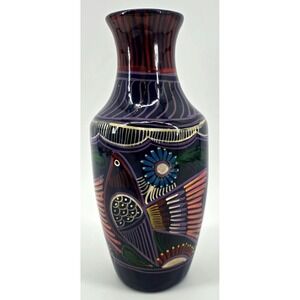 Vtg Talavera Pottery Red Ware Vase Hand Painted Mexican Folk Art‎ 9" Navy Birds